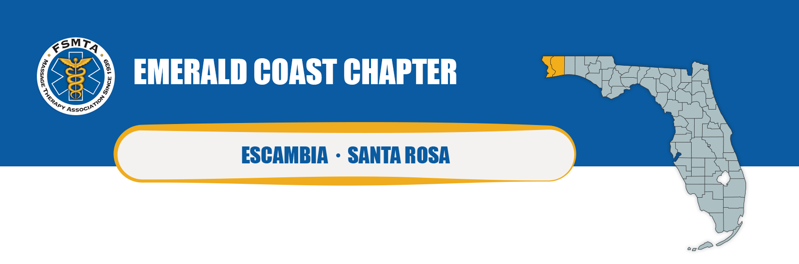 FSMTA Emerald Coast Chapter header graphic showing a Florida map highlighting Escambia and Santa Rosa counties, with the FSMTA logo