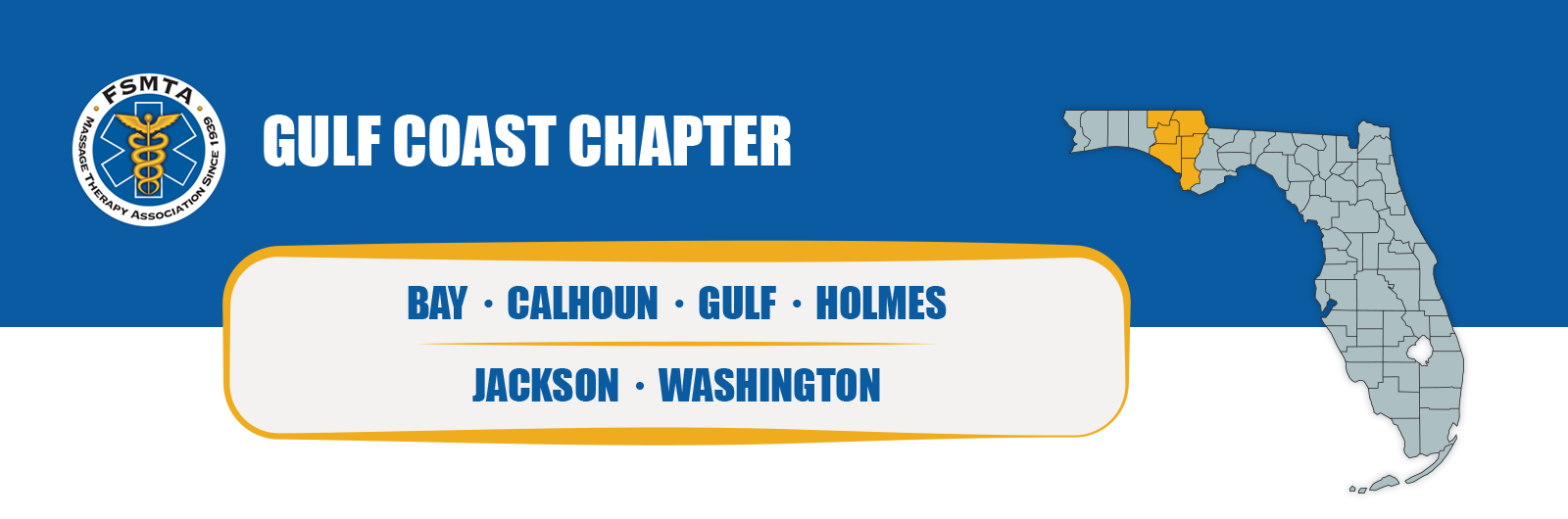 FSMTA Gulf Coast Chapter header graphic showing a Florida map highlighting Bay, Calhoun, Gulf, Holmes, Jackson, and Washington counties, with the FSMTA logo