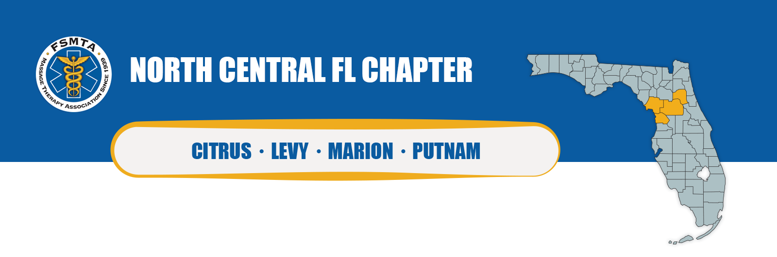 FSMTA North Central Florida Chapter header graphic showing a Florida map highlighting Citrus, Levy, Marion, and Putnam counties, with the FSMTA logo.
