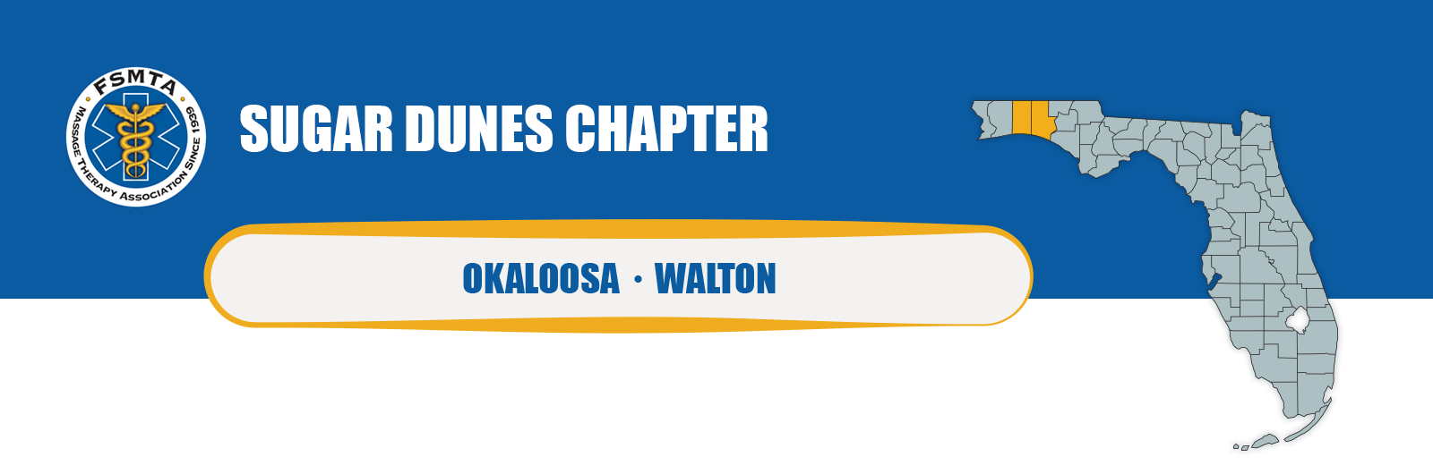 FSMTA Sugar Dunes Chapter header graphic showing a Florida map highlighting Okaloosa and Walton counties, with the FSMTA logo
