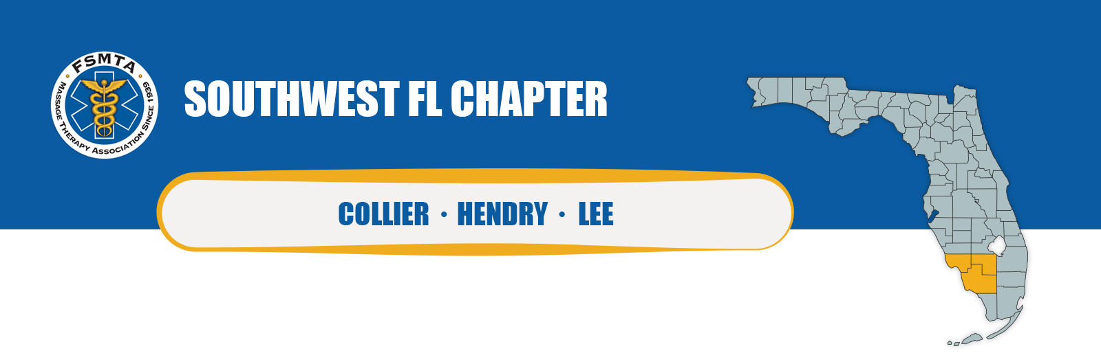 FSMTA Southwest Florida Chapter header graphic showing a Florida map highlighting Collier, Hendry, and Lee counties, with the FSMTA logo