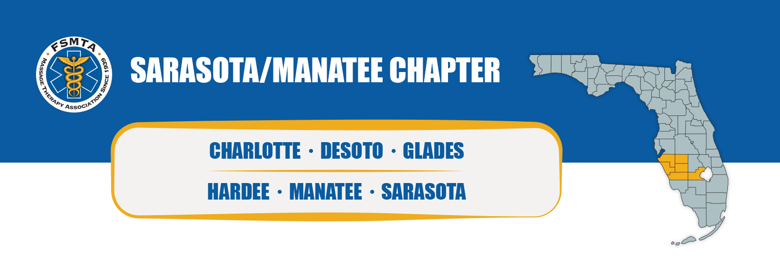 FSMTA Sarasota/Manatee Chapter header graphic showing a Florida map highlighting Charlotte, DeSoto, Glades, Hardee, Manatee, and Sarasota counties, with the FSMTA logo