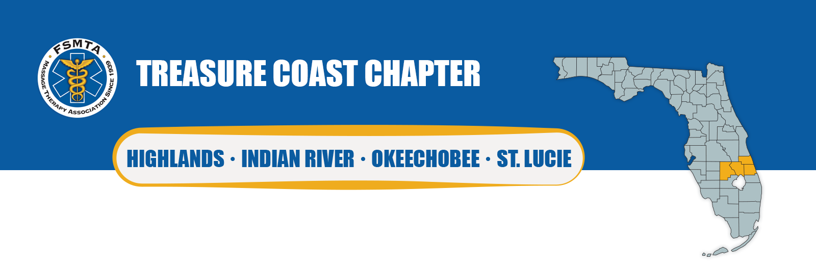 FSMTA Treasure Coast Chapter header graphic showing a Florida map highlighting Highlands, Indian River, Okeechobee, and St. Lucie counties, with the FSMTA logo