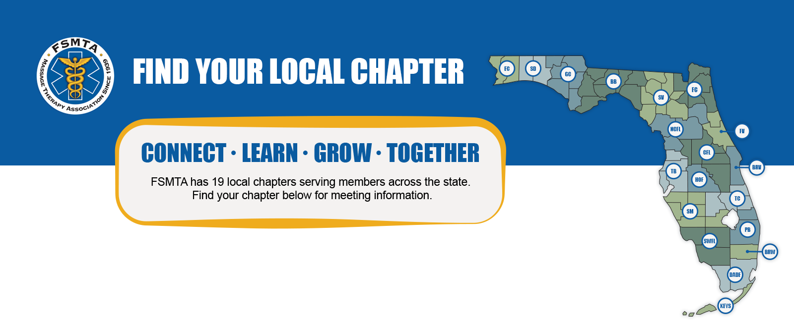 FSMTA Local Chapters header graphic showing a full map of Florida, with the FSMTA logo, reading 'Find Your Local Chapter — Connect, Learn, Grow, Together.' Click to view the full chapter map.